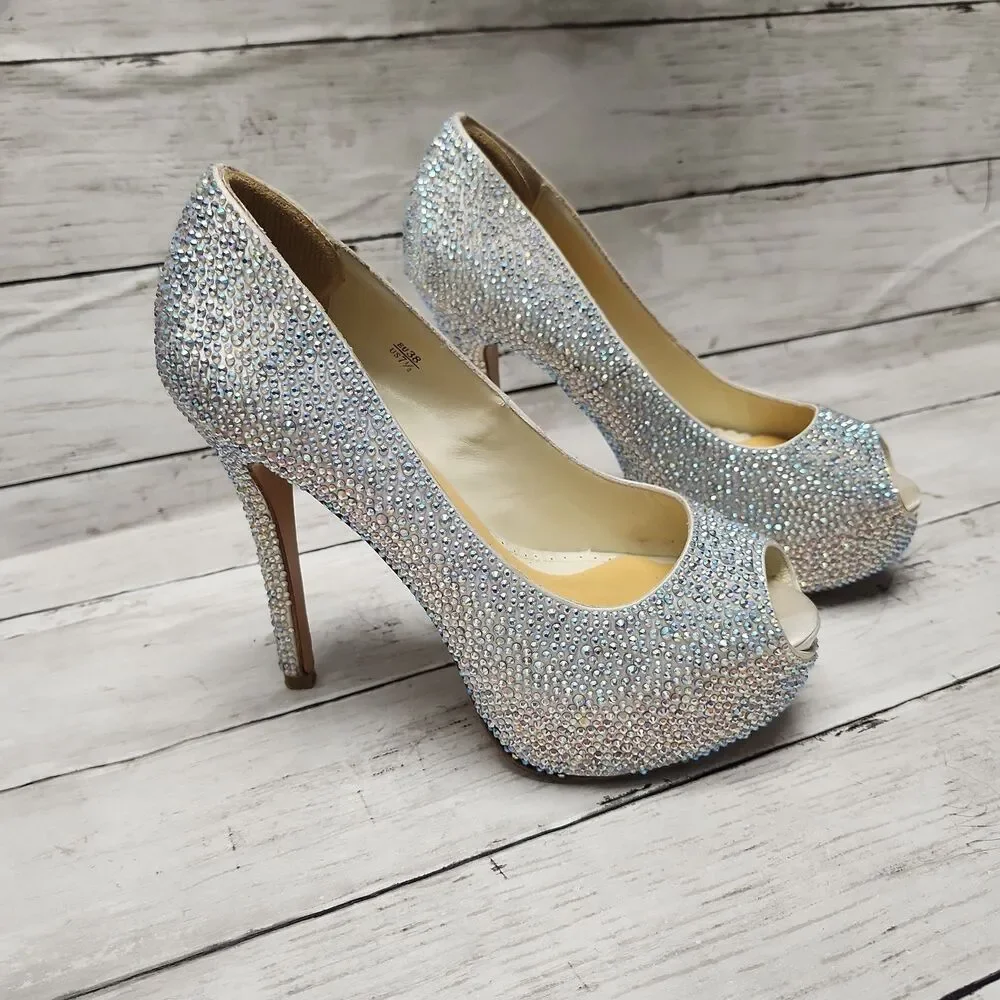 Benjamin Adams London Silver Jewel Encrusted Peep Toe Platform Pumps S 7.5/38